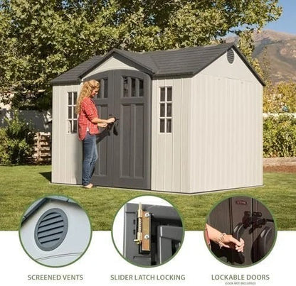 Casavibeo Lifetime 10x8 ft. outdoor storage shed with double doors, durable construction, and window panels for garden storage.
