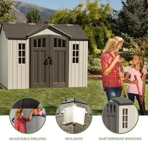 Casavibeo Lifetime 60243 10x8 ft. outdoor storage shed with double doors and peaked roof, weather-resistant and durable.