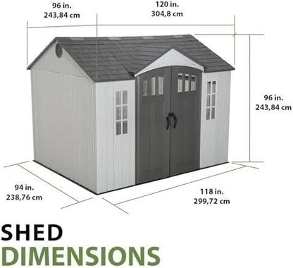 Casavibeo Lifetime 60243 10x8 ft outdoor storage shed with double doors and windows, made of durable plastic for yard organization.