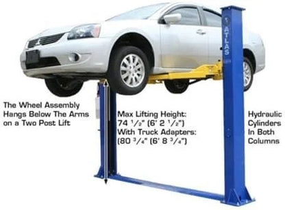 Casavibeo ATLAS 9KBPX 2-post automotive lift with symmetric arms, dual hydraulic cylinders, for low ceiling home garage use