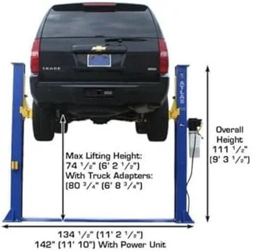 Casavibeo Atlas 2-post automotive lift with symmetric arms, dual hydraulic cylinders, 9,000lb capacity, for low ceiling garages