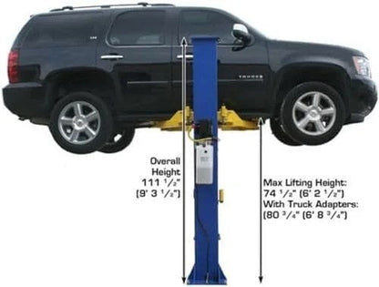 Atlas 2-post automotive lift by Casavibeo with symmetrical arms, dual hydraulic cylinders, 9000lb capacity, for low ceiling garages