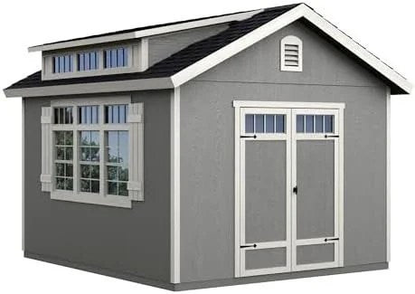 Beige Windemere 10x12 wooden storage shed by Casavibeo with floor, shown with double doors and window for outdoor storage.