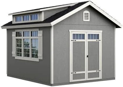 Beige Windemere 10x12 wooden storage shed by Casavibeo with floor, shown with double doors and window for outdoor storage.