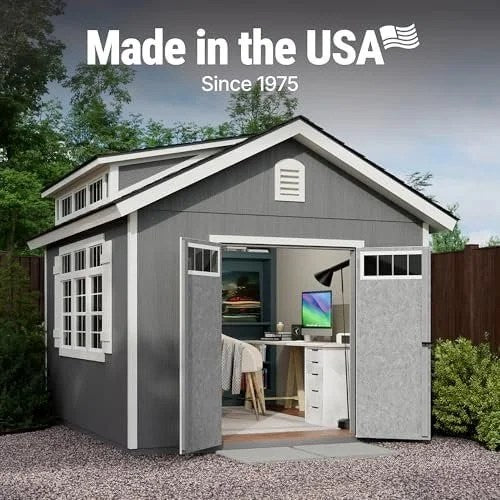 Beige Windemere 10x12 wooden storage shed by Casavibeo, featuring a floor and do-it-yourself assembly, shown outdoors.