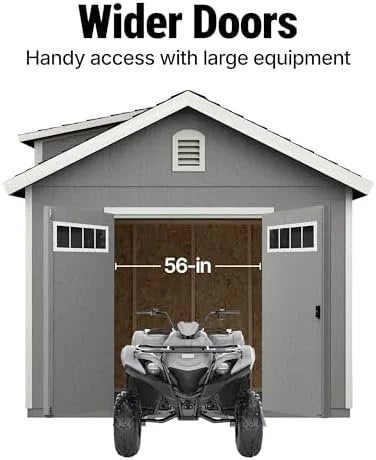 Beige Windemere 10x12 wooden storage shed by Casavibeo with floor, DIY assembly, shown outdoors with open door