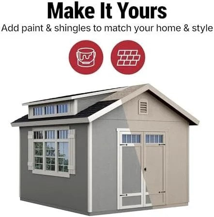 Beige Windemere 10x12 DIY wooden storage shed by Casavibeo with floor, shown assembled outdoors.