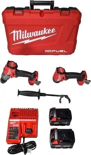 Milwaukee M18 Fuel 2-Tool Combo Kit with drill and impact driver, featuring black and orange power tools on a workshop background.