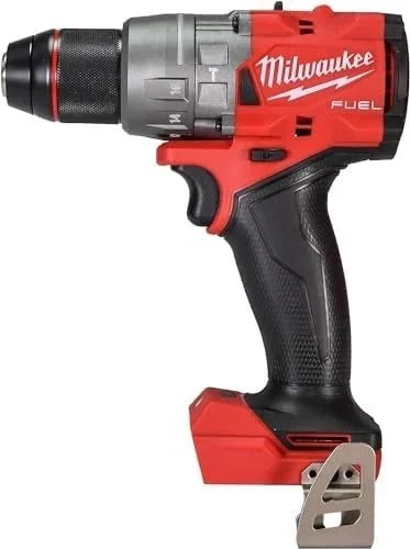 Milwaukee M18 Fuel 2-Tool Combo Kit with drill and impact driver, featuring black and red power tools and accessories inside a kit box.
