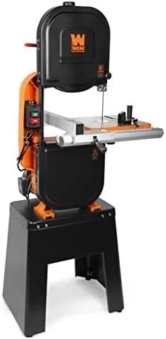 WEN 14-inch industrial band saw with 1 HP dual-voltage motor and two-speed settings, shown in a workshop setting
