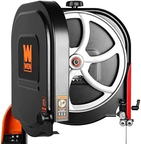 Casavibeo WEN 14-inch industrial band saw with dual-voltage 1 HP motor and two-speed operation, shown in a workshop setting.