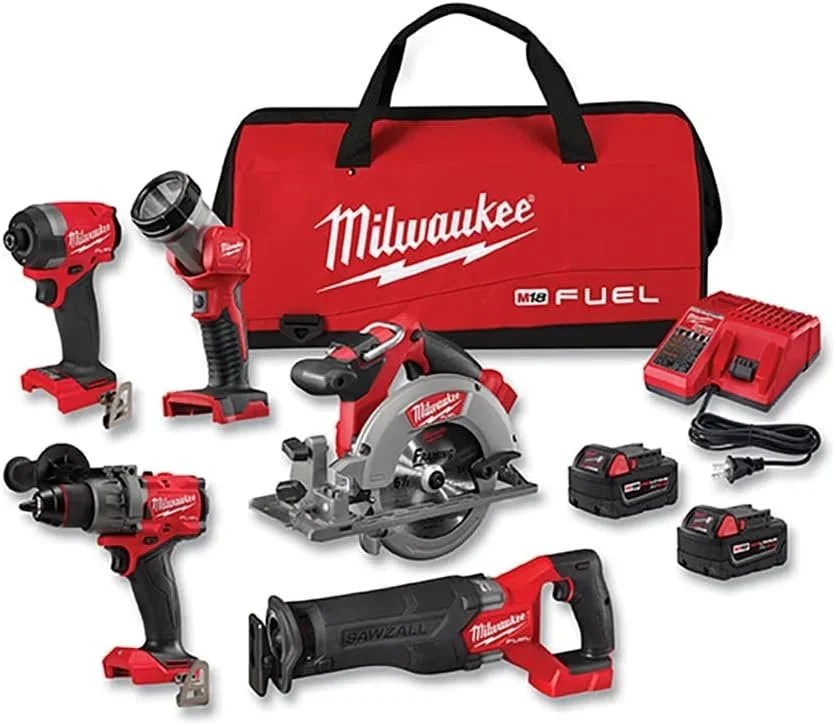 Milwaukee M18 FUEL 5 Tool Combo Kit with cordless power tools and accessories, displayed in a sturdy carrying case.