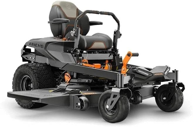 Ariens IKON Onyx 52-inch zero turn mower with 23HP Kawasaki engine, showcasing the mower's cutting deck and controls.
