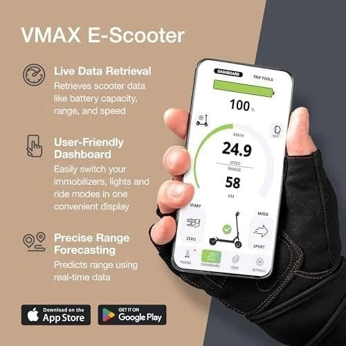 Casavibeo VMAX VX4 electric scooter parked outdoors, showcasing its sleek design and compact build for urban commuting.