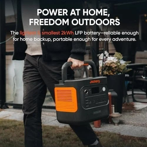 Casavibeo Jackery Explorer 2000 Plus portable power station with multiple outlets and digital display for camping or backup power.