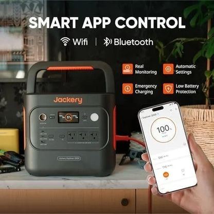 Casavibeo Jackery Explorer 2000 Plus portable power station with multiple outlets and digital display in a modern setting.