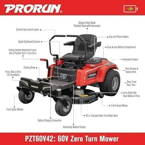 Casavibeo 60V zero turn riding lawn mower with cutting deck and control panel, ideal for efficient yard maintenance.