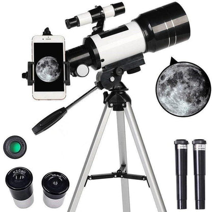 Belro astronomical telescope set up with eyepieces and tripod for stargazing and celestial observation.