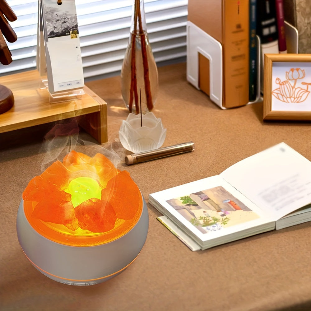 Belro salt lamp diffuser with integrated essential oil diffuser, showcasing the warm glow and natural salt crystal design.