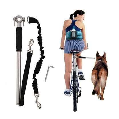 Belro dog bike harness attached to a small dog, adjustable pet harness for cycling safety and comfort.