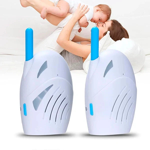 Wireless Belro audio baby monitor and walkie-talkie with compact design, featuring control buttons and audio speaker.