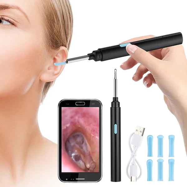 Belro Intelligent Visual Earwax Removal Device showing a close-up of the device with a lighted camera and ear scoop for ear cleaning.