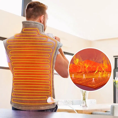 Belro electric heating pad for neck and back, soft fabric with adjustable temperature settings, designed for pain relief.
