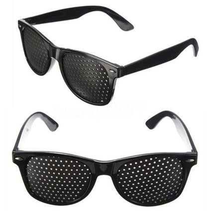 Belro anti-fatigue pinhole glasses with black frame, designed to reduce eye strain, featuring clear lenses and stylish eyewear style