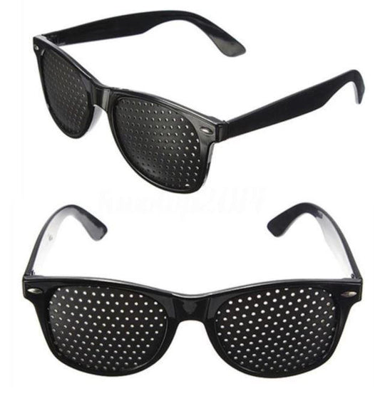 Belro anti-fatigue pinhole glasses with black frame, designed to reduce eye strain, featuring clear lenses and stylish eyewear style