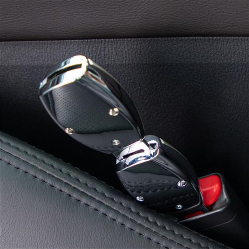 Belro metal seat belt extender for men, showing a sturdy silver metal extension with clasp for added comfort and safety.