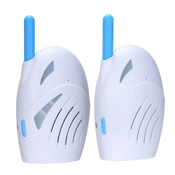 Wireless Belro audio baby monitor with walkie-talkie feature, showing the device with microphone and control buttons.