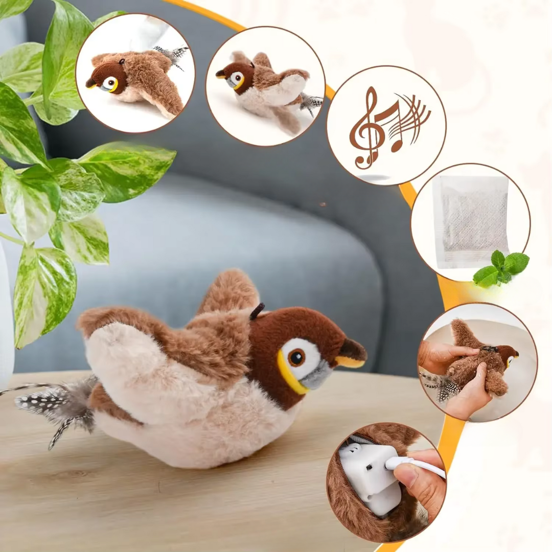 Belro fluttering bird cat toy with colorful feathers and a dangling string, designed to entertain and engage cats during playtime.