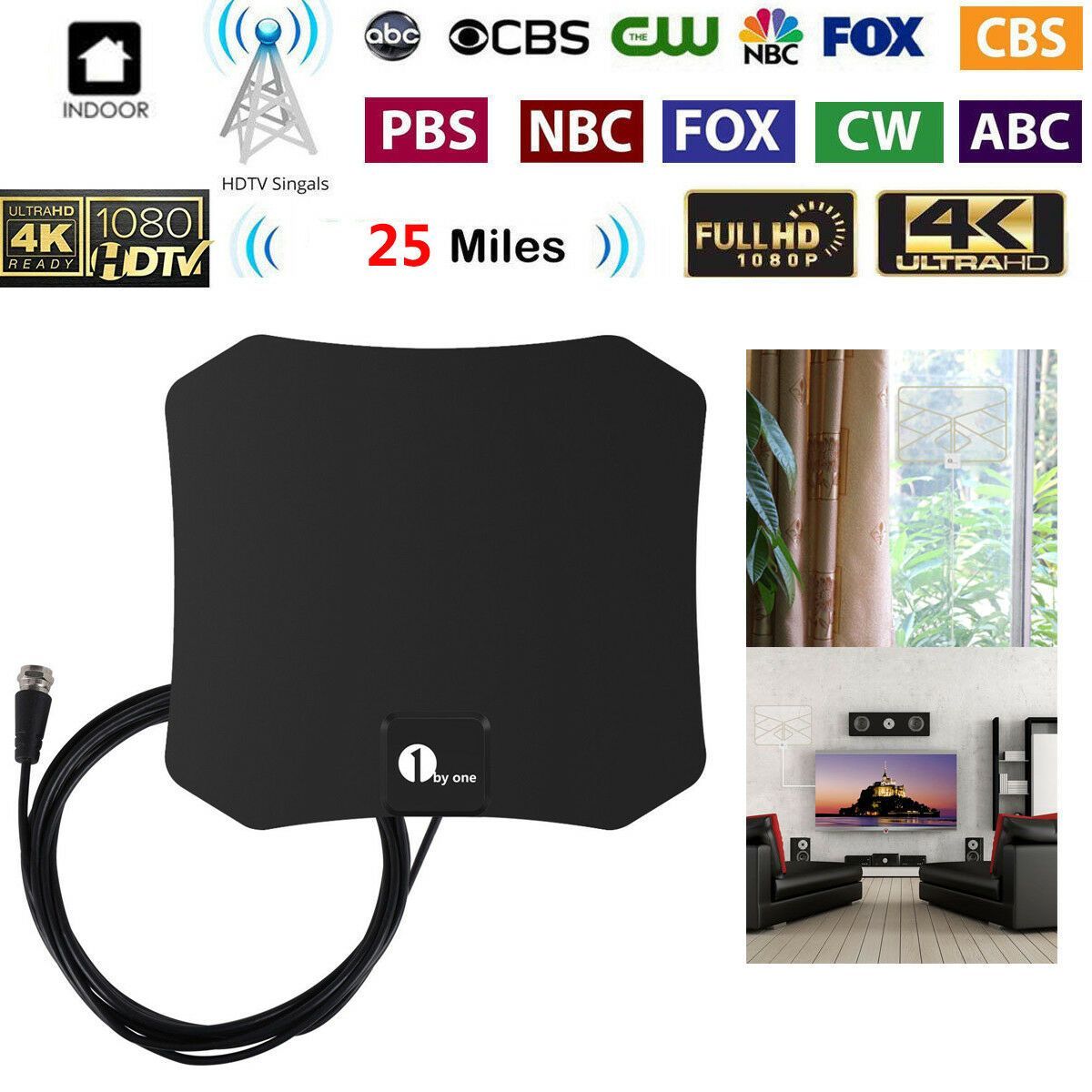 Belro indoor HDTV satellite antenna showing a sleek design with a cable connection for clear TV signal reception