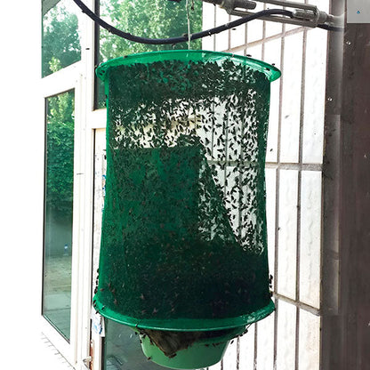 Reusable Fly Trap by Belro for outdoor pest control, showing the trap's mesh design with bait container in a garden setting.