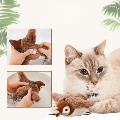 Belro fluttering bird cat toy with colorful feathers and a plush body, designed to entertain cats during playtime.