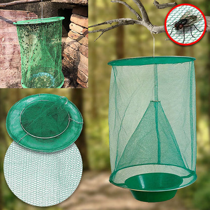 Belro reusable fly trap for outdoor pest control, showing the green plastic trap with openings for catching flies.