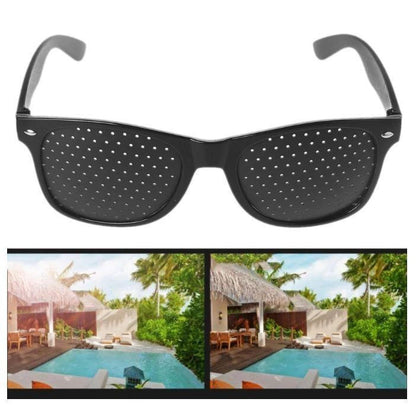 Belro Anti-Fatigue Pinhole Glasses with black frames, designed to reduce eye strain, shown on a white background.