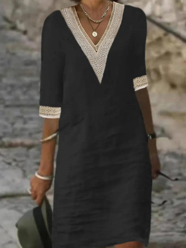 Elegant beige half-sleeve dress by Belro, stylish and tailored with a fitted waist and classic neckline.