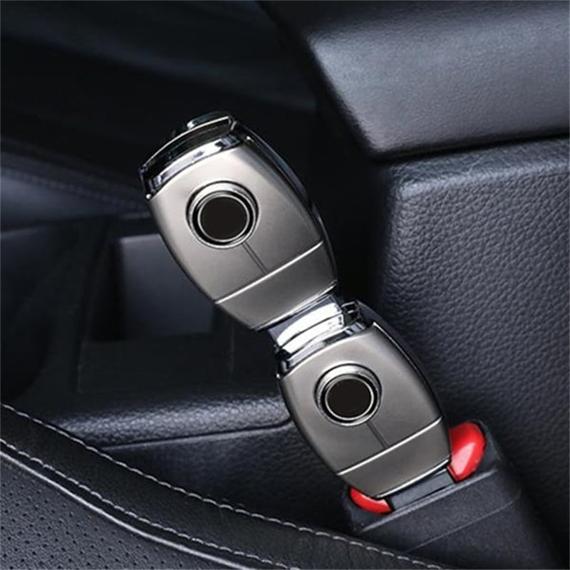 Belro metal seat belt extender for men, showing a sturdy metal clasp and extended belt length for comfortable fit.
