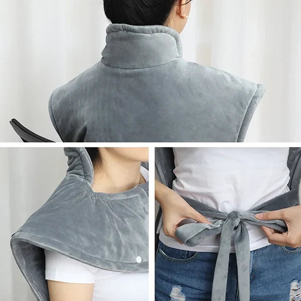 Belro electric heating pad for neck and back, shown on a person’s shoulders, providing targeted pain relief and warmth.