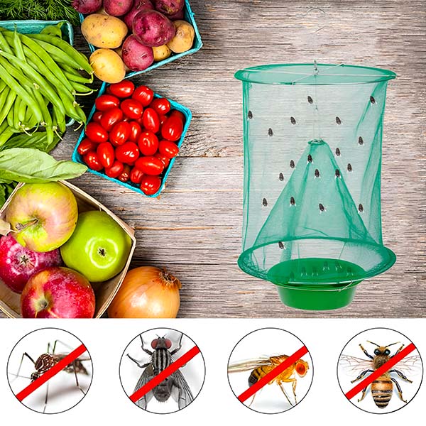 Reusable fly trap from Belro with mesh cover and bait container, designed for outdoor pest control in home and garden settings.