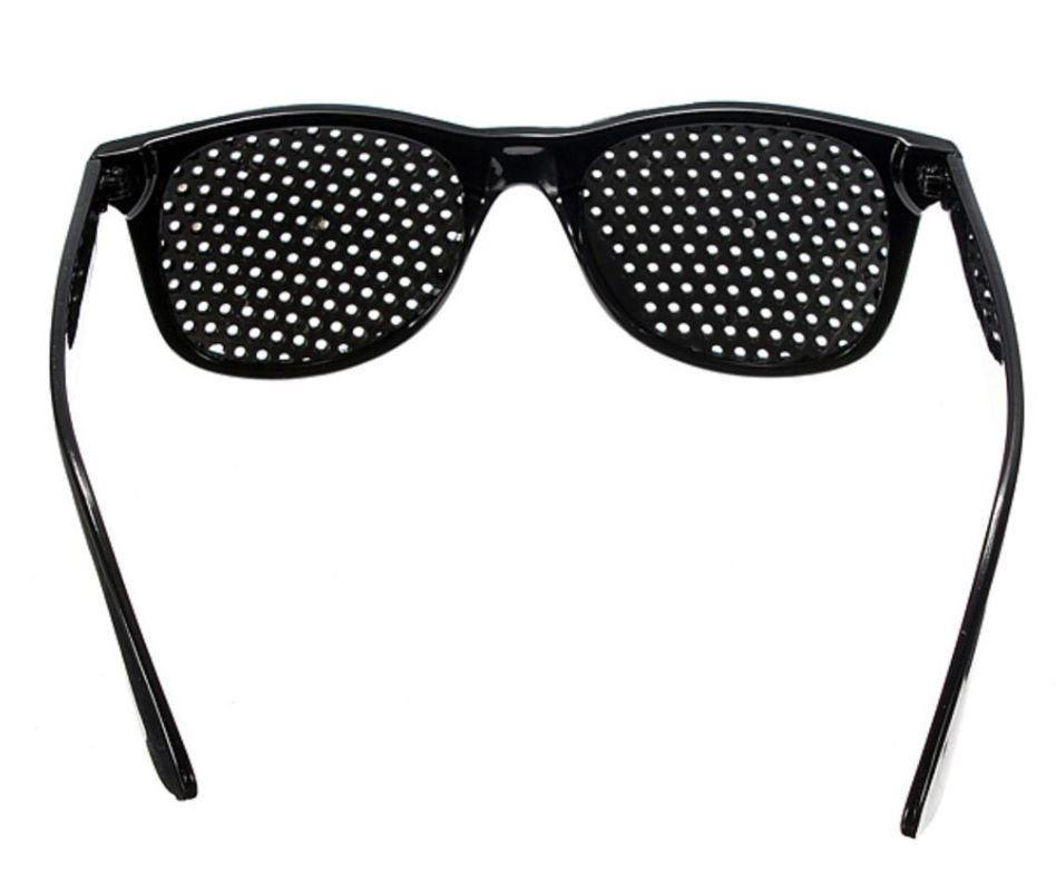 Belro anti-fatigue pinhole glasses with thin black frames, designed to reduce eye strain and improve focus.