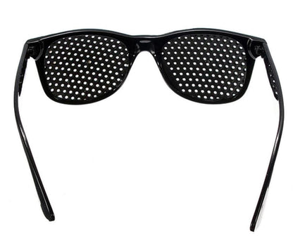 Belro anti-fatigue pinhole glasses with thin black frames, designed to reduce eye strain and improve focus.