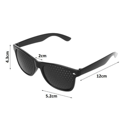 Belro Anti-Fatigue Pinhole Glasses with black frames, designed to reduce eye strain, shown on a white background.