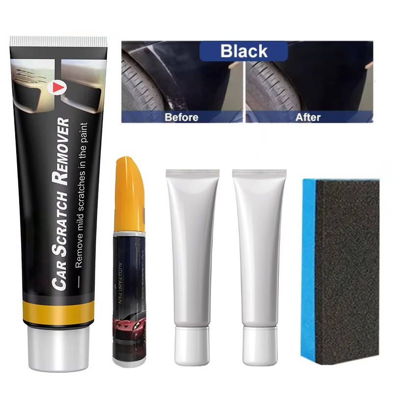 Black deep scratch repair kit for cars, Belro brand, featuring tools and materials for home and garden auto scratch repair.