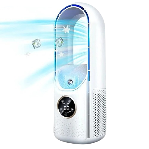 Blade-free portable air conditioner by BowLift, silent with 3-speed settings, personal cooling device with modern design.