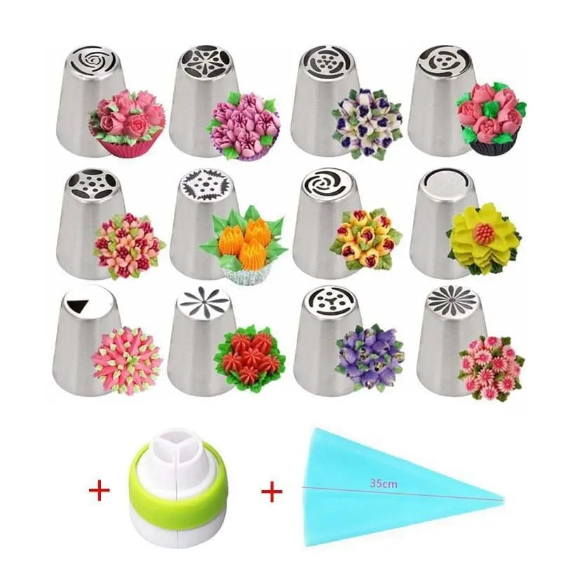 Mivoza flower piping nozzle set with 12 tips for cake decoration, reusable baking tools for effortless cake decorating.