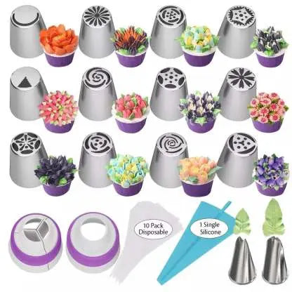 Mivoza flower piping nozzle set with 12 tips for cake decoration, reusable baking tools for effortless cake decorating.