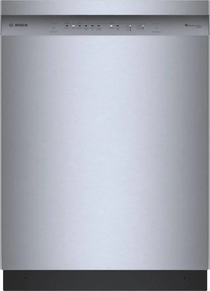 Bosch SHE41CM5N 300 Series 24-inch stainless steel dishwasher with recessed handle, quiet 48 dB operation, front view.