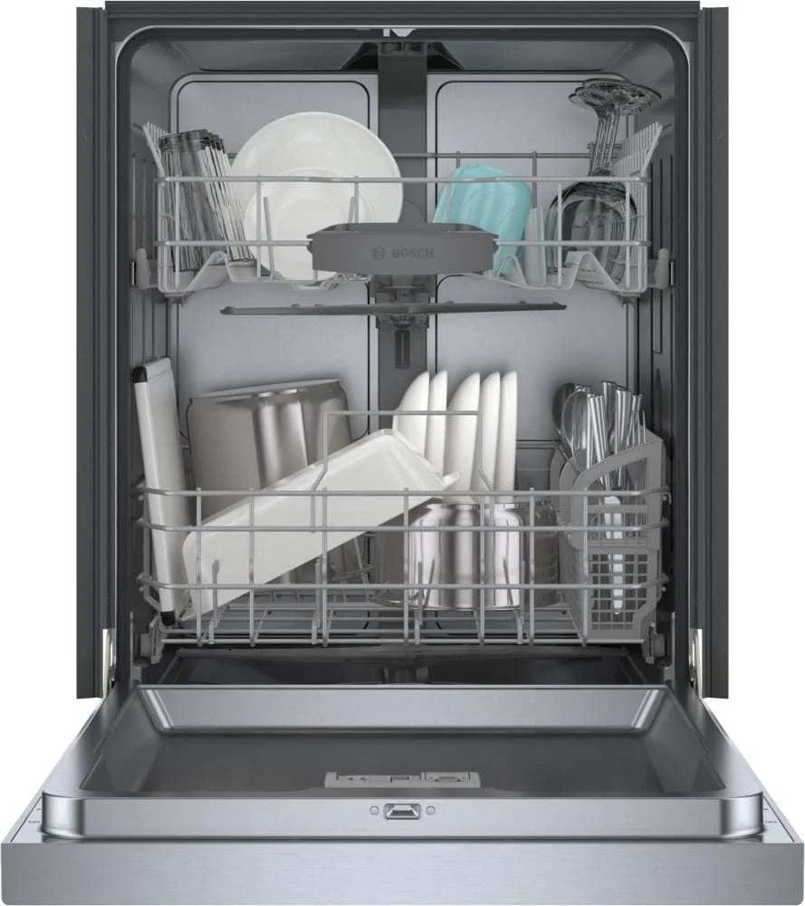 Bosch 300 Series 24-inch stainless steel dishwasher with recessed handle and quiet operation in a modern kitchen setting.